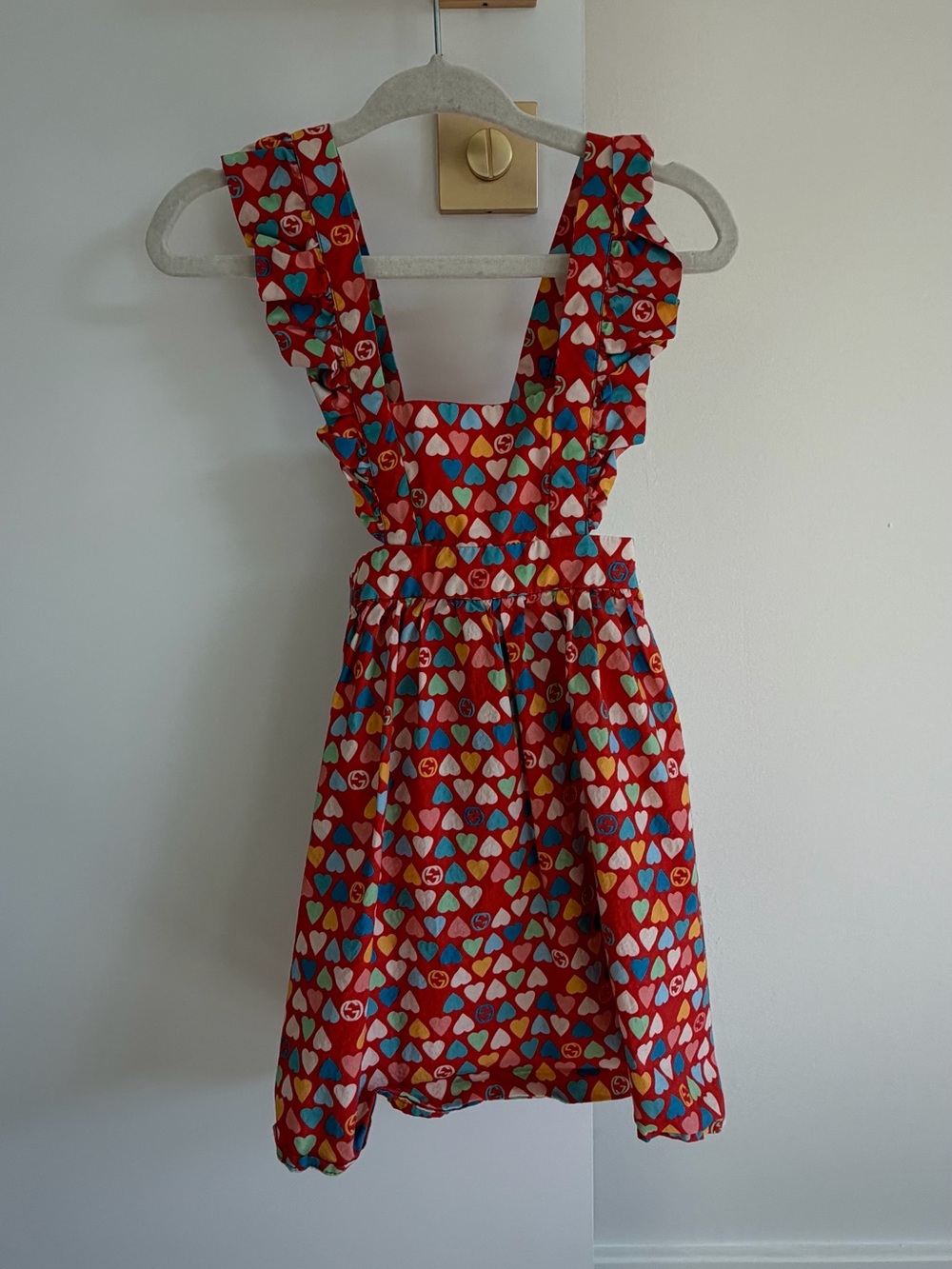 Gucci Red Heart-Print Ruffle Strap Dress for Girls